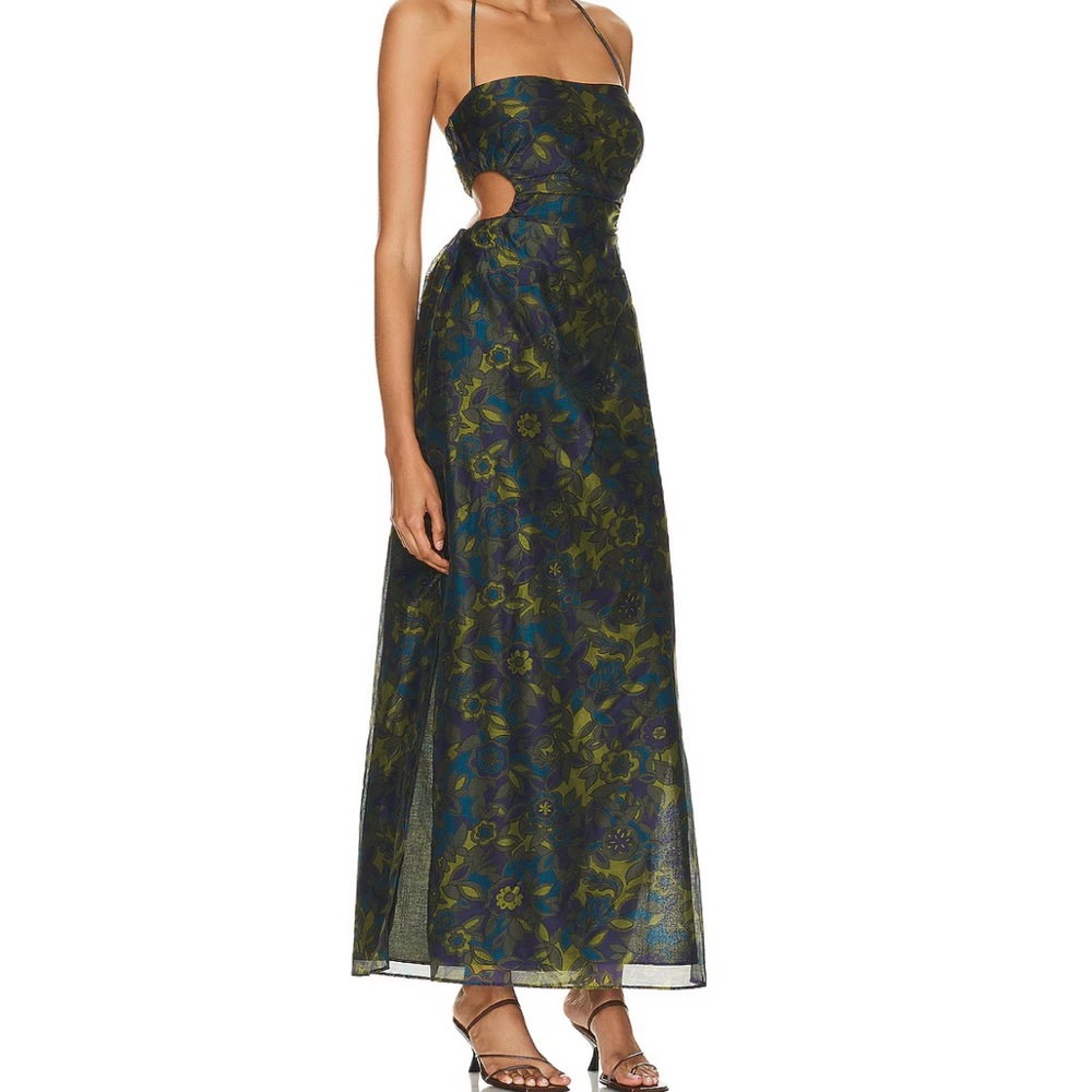 SIR the label Navy and Green Floral Strapless Maxi with Cutout